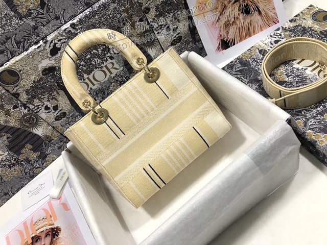 Dior女包 迪奧Lady D-Lite五格刺繡條紋杏色戴妃包 Dior手提肩背斜挎包  dfk1838